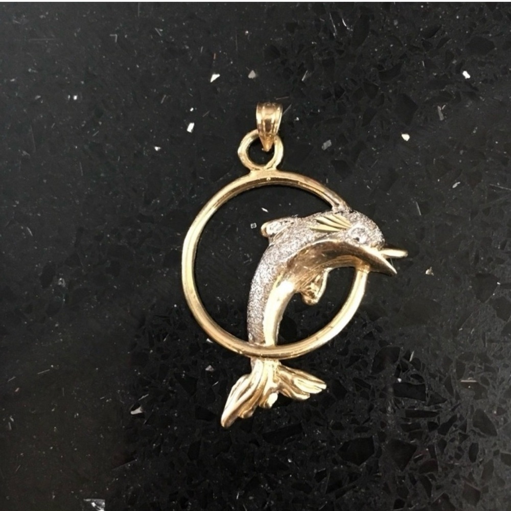 Gold and white gold Dolphin Circle Pendant 14k